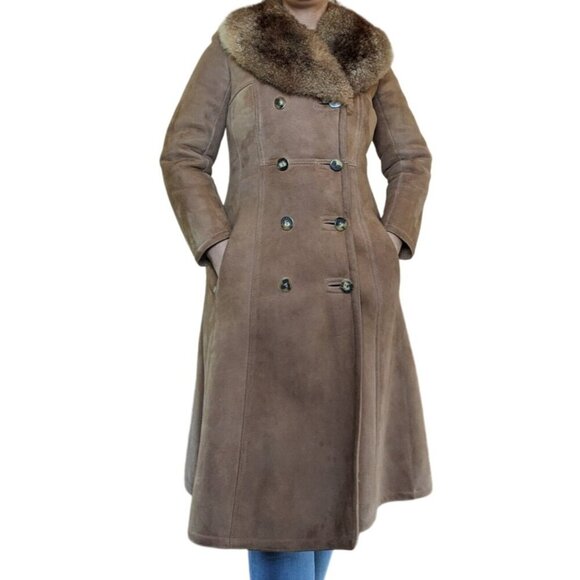 Vintage 70s Sawyer of Napa Brown Suede Leather Fur Women's Coat Small Medium - Picture 8 of 10